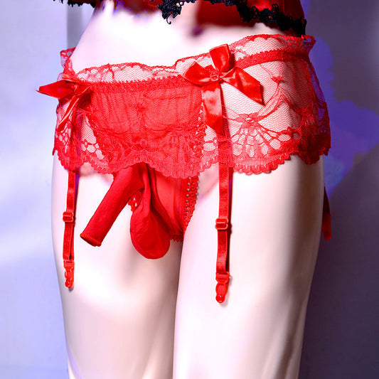 Men's Lace Suspender Low Waist Transparent Sexy Thong