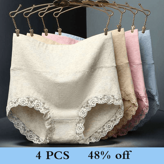 【4 PCS 】High Waist Cotton Lace Panties 女士内裤 Lannyhome S 4 PCS RANDOM