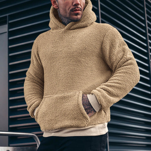 Men's Fashion Solid Color Plush Hooded Sweatshirt