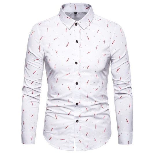 Men's Feather Print Business Slim Long Sleeve Shirt