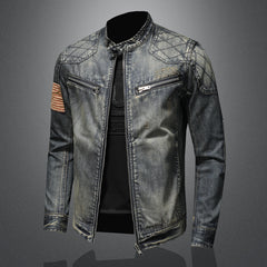 Denim Stand Collar Zip-Up Jacket