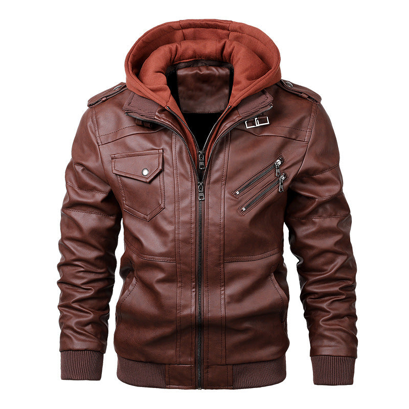 Men's Large Size Casual Hooded Leather Jacket