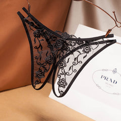 Ultra-thin Low Waist Sexy Open Crotch Mesh Embroidery Transparent Thong