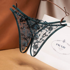 Ultra-thin Low Waist Sexy Open Crotch Mesh Embroidery Transparent Thong