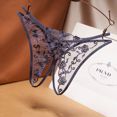 Ultra-thin Low Waist Sexy Open Crotch Mesh Embroidery Transparent Thong