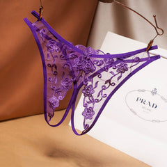 Ultra-thin Low Waist Sexy Open Crotch Mesh Embroidery Transparent Thong