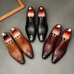 Men's High-end Business Casual Breathable Crocodile Pattern Pointed Leather Shoes
