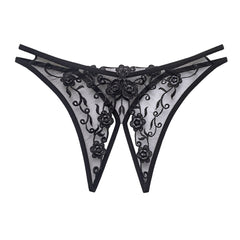 Ultra-thin Low Waist Sexy Open Crotch Mesh Embroidery Transparent Thong