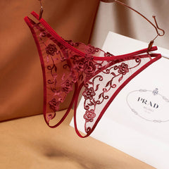 Ultra-thin Low Waist Sexy Open Crotch Mesh Embroidery Transparent Thong