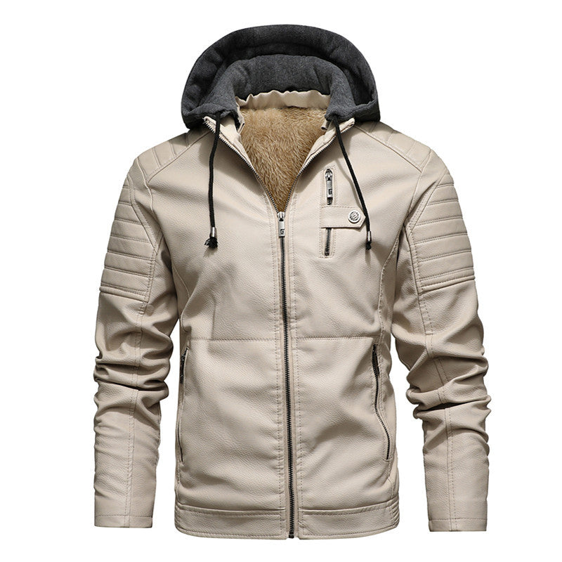 2023 New Winter Men's Velvet Hooded Leather Jacket