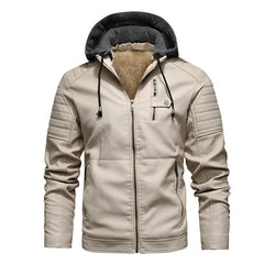 2023 New Winter Men's Velvet Hooded Leather Jacket