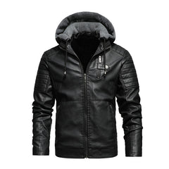 2023 New Winter Men's Velvet Hooded Leather Jacket