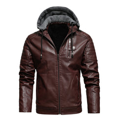 2023 New Winter Men's Velvet Hooded Leather Jacket