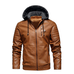 2023 New Winter Men's Velvet Hooded Leather Jacket