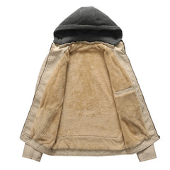2023 New Winter Men's Velvet Hooded Leather Jacket
