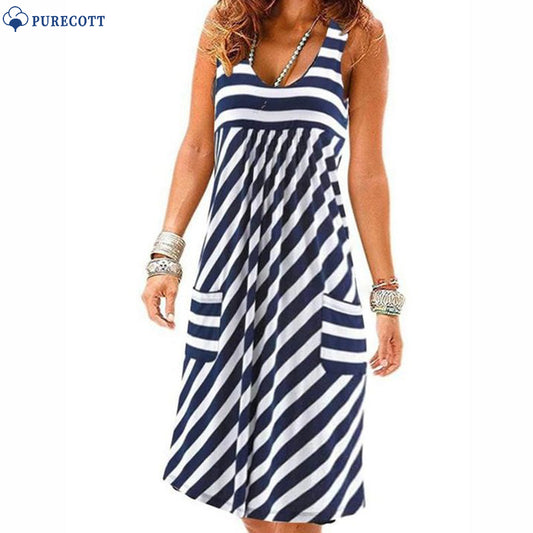 Striped Large Size Loose Sleeveless Dress