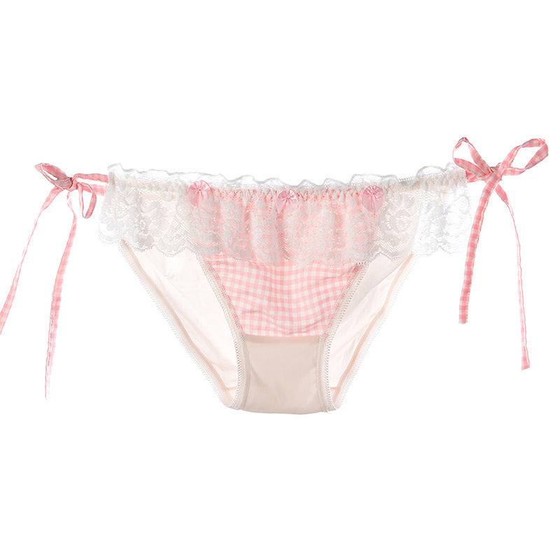 New Retro Plaid Ice Silk Bow Lace Low Waist Strap Panties