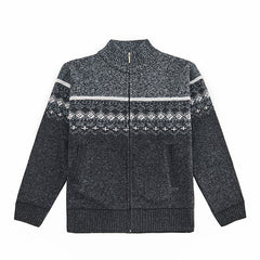Thickened stand-up collar color-blocked retro jacquard knitted cardigan