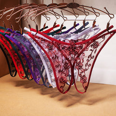 Ultra-thin Low Waist Sexy Open Crotch Mesh Embroidery Transparent Thong