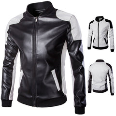 Men's Stand Collar Black and White Color Block Large Size Leather Jacket