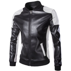 Men's Stand Collar Black and White Color Block Large Size Leather Jacket