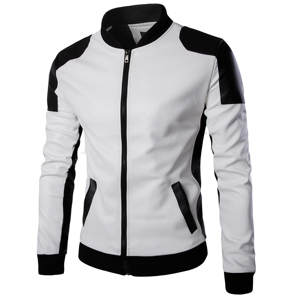 Men's Stand Collar Black and White Color Block Large Size Leather Jacket
