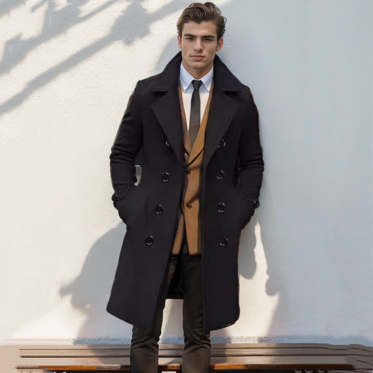 2024 High Quality Long Double-Breasted Woolen Slim Fit Trench Coat