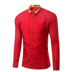 Men's Fashionable Collar Embroidered Solid Color Long Sleeve Loose Shirt