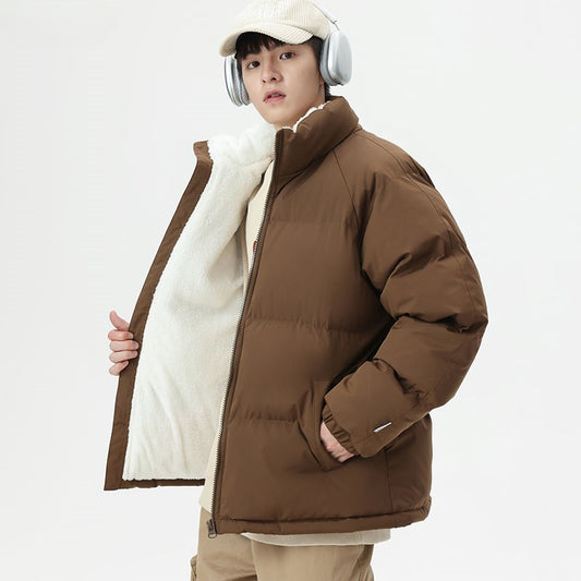 Winter Solid Color Stand Collar Thickened Warm Lambswool Down Jacket