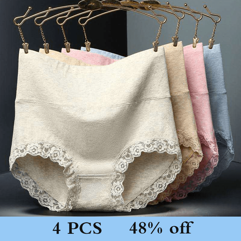 【4 PCS 】High Waist Cotton Lace Panties 女士内裤 Lannyhome S 4 PCS RANDOM 