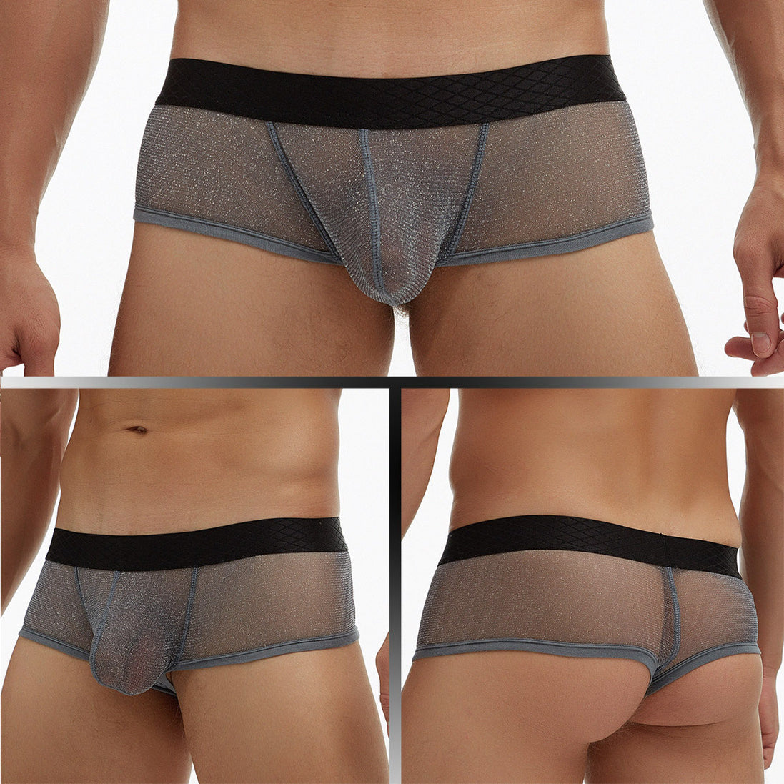 Men's Large Size See-Through Mesh Low Rise Wide-Side Boxer Briefs