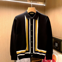 Men's Retro Color Block Vertical Stripe Knitted Cardigan