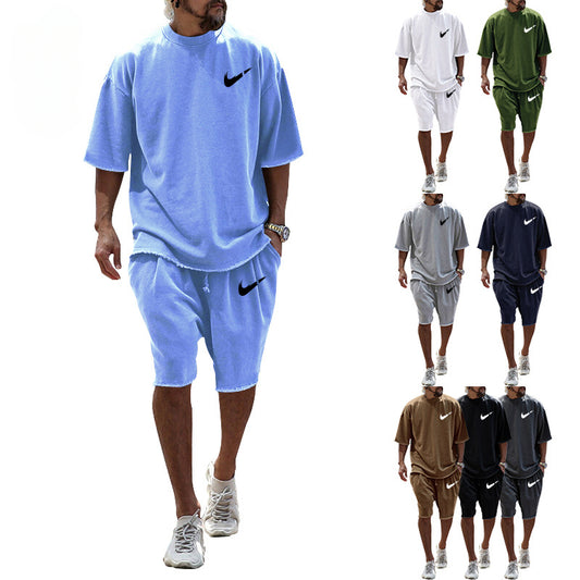 2023 Summer Loose Round Neck Casual Sports Print Men's Suit