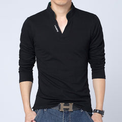 Men's V-neck Long Sleeve Printed Polo Shirt with Collar
