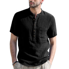 Men's Henley Collar Solid Color Short Sleeve Cotton and Linen Shirt