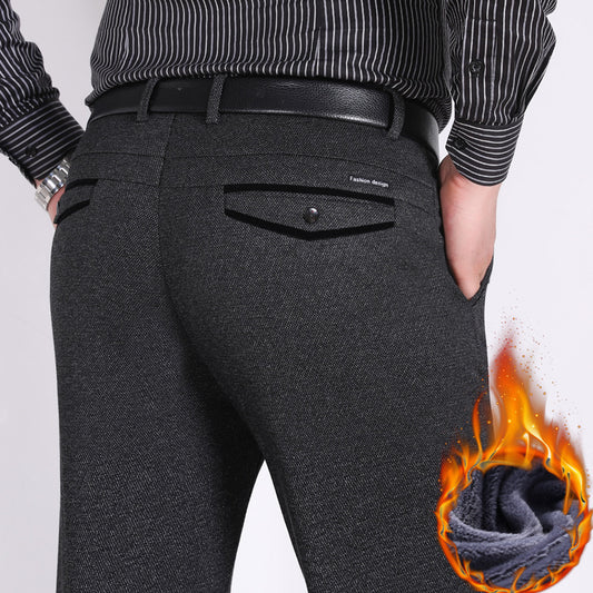 Men's Thickened High Waist Elastic Straight Warm Non-iron Casual Pants