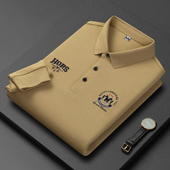 Men's Long Sleeve Lapel Embroidered Silk Cotton POLO Shirt