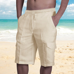 2024 Men's New Linen Multi-Pocket Drawstring Beach Shorts