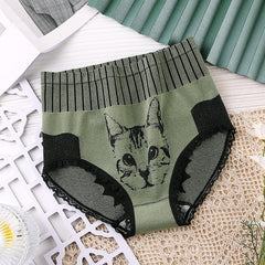 New Ladies High Waist Tummy Control Pure Cotton Lace Trim Kitten Print Panties