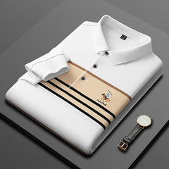 Men's Pure Cotton Striped Lapel Versatile Long-sleeved POLO Shirt