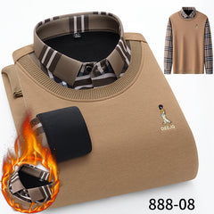 Men's Seamless Fake Two-piece Velvet Thickened Cotton Knitted Shirt