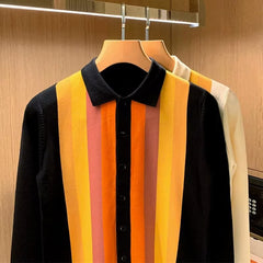 Men's Retro Color Block Vertical Stripe Knitted Cardigan