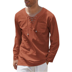 New Style Men's Cotton and Linen Fashion Casual Lace-up V-neck Long-sleeved Shirt