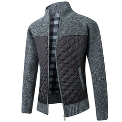 2024 Men's Stand Collar Striped Plaid Zipper Plus Velvet Fashionable Color Block Warm Knitted Jacket