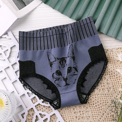 New Ladies High Waist Tummy Control Pure Cotton Lace Trim Kitten Print Panties