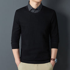 High-end fake two piece men's long sleeve shirt sweater