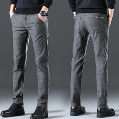 Men's Plaid Cotton and Linen Stretch Casual Trousers