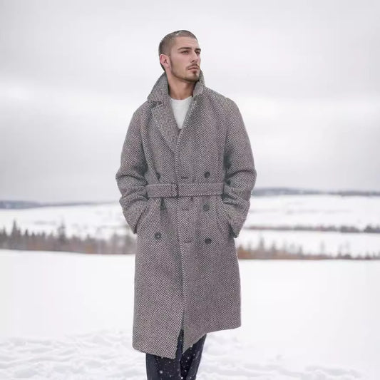 Men's Woolen Plaid Double-breasted Cotton Thick Coat