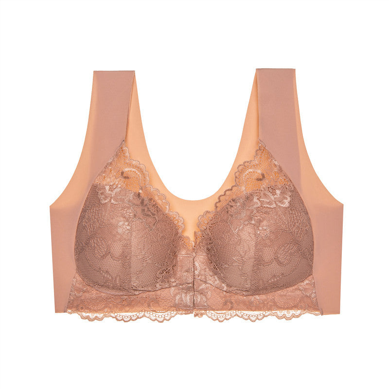 Large Size Front Button Push Up Lace Wireless Bra