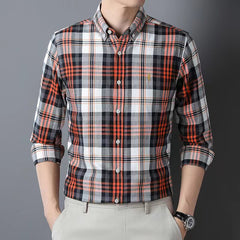 Men's 100% Cotton Business Casual Loose Plaid Embroidered Shirt
